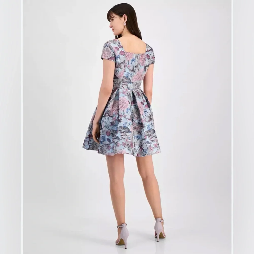 Tahari ASL Women's Floral-Brocade Fit & Flare Dress, Ice Blue - Picture 3 of 8